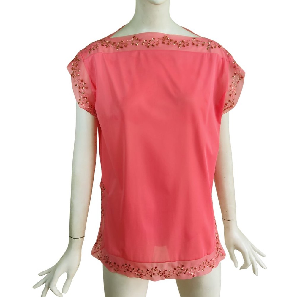 Vintage 70s VANITY FAIR Pajama Lounge Nylon Tunic Top Embroidered Sheer Trim S/M